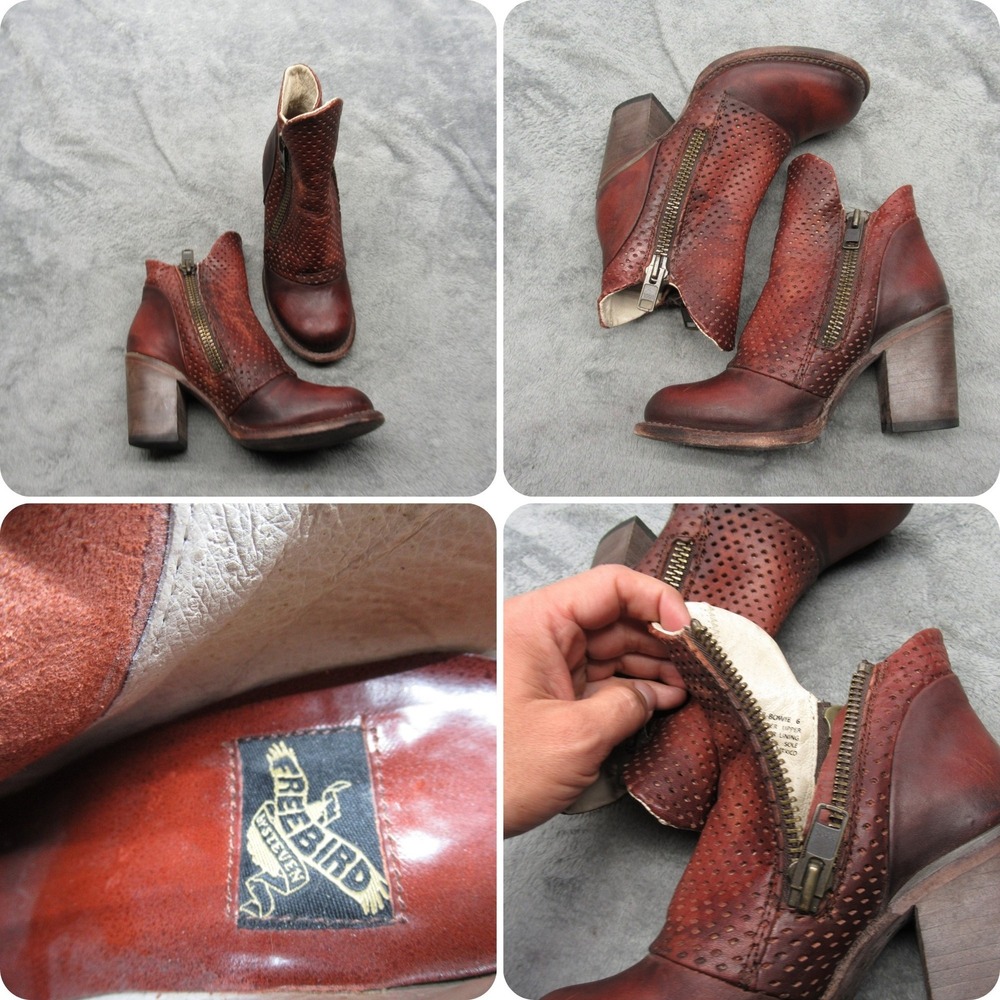 Freebird Bowie Boots Womens 6‎ Brown Leather Perforated Zip Up Heeled Booties